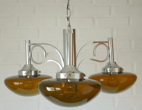 Vintage Chrome Chandelier: Mid Century Modern Amber Glass Pendant Light
