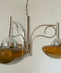 Vintage Chrome Chandelier: Mid Century Modern Amber Glass Pendant Light