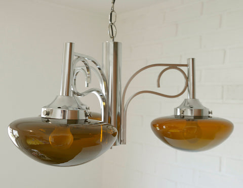 Vintage Chrome Chandelier: Mid Century Modern Amber Glass Pendant Light