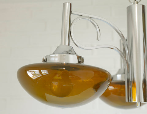 Vintage Chrome Chandelier: Mid Century Modern Amber Glass Pendant Light