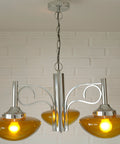 Vintage Chrome Chandelier: Mid Century Modern Amber Glass Pendant Light