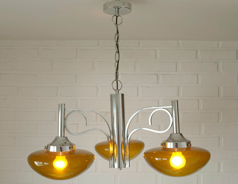 Vintage Chrome Chandelier: Mid Century Modern Amber Glass Pendant Light