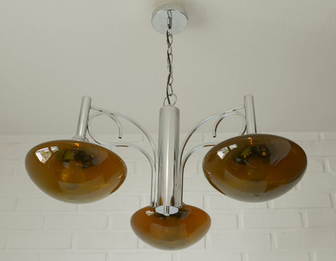 Vintage Chrome Chandelier: Mid Century Modern Amber Glass Pendant Light