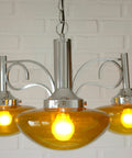 Vintage Chrome Chandelier: Mid Century Modern Amber Glass Pendant Light