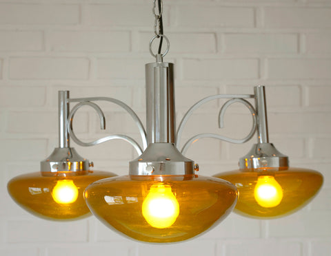Vintage Chrome Chandelier: Mid Century Modern Amber Glass Pendant Light