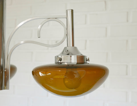 Vintage Chrome Chandelier: Mid Century Modern Amber Glass Pendant Light
