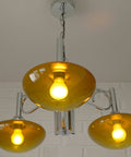 Vintage Chrome Chandelier: Mid Century Modern Amber Glass Pendant Light