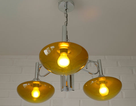 Vintage Chrome Chandelier: Mid Century Modern Amber Glass Pendant Light