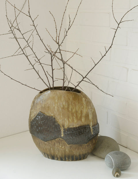 Large Mid-Century Modern Lava Glaze Vase: German Vintage Pottery