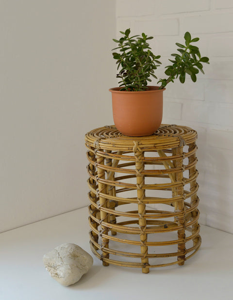 Vintage Bamboo Stool / Rattan Plant Stand / Mid Century Wicker Side Table / Small Coffee Table