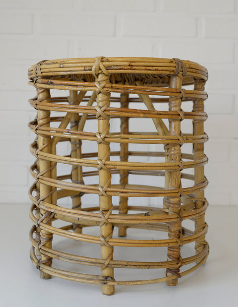 Vintage Bamboo Stool / Rattan Plant Stand / Mid Century Wicker Side Table / Small Coffee Table