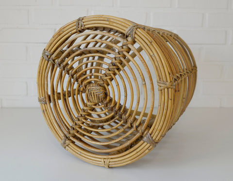Vintage Bamboo Stool / Rattan Plant Stand / Mid Century Wicker Side Table / Small Coffee Table