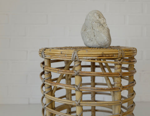 Vintage Bamboo Stool / Rattan Plant Stand / Mid Century Wicker Side Table / Small Coffee Table
