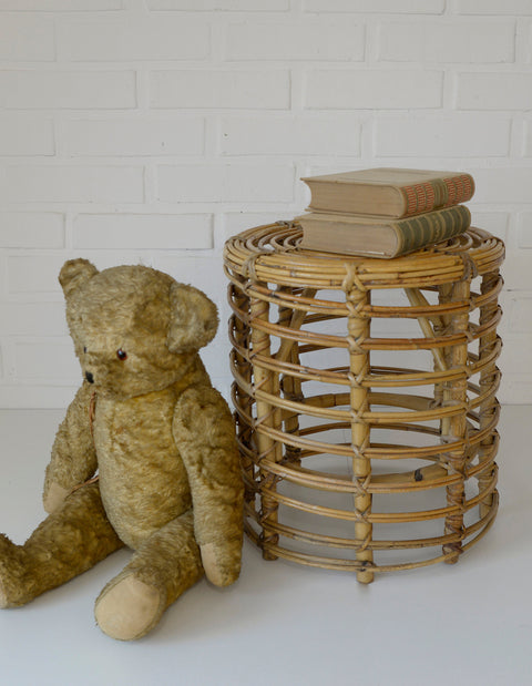 Vintage Bamboo Stool / Rattan Plant Stand / Mid Century Wicker Side Table / Small Coffee Table