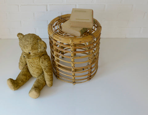 Vintage Bamboo Stool / Rattan Plant Stand / Mid Century Wicker Side Table / Small Coffee Table