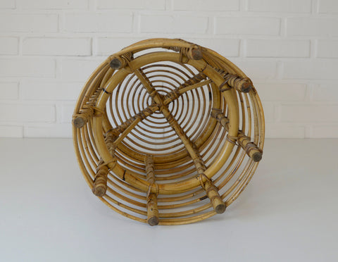 Vintage Bamboo Stool / Rattan Plant Stand / Mid Century Wicker Side Table / Small Coffee Table