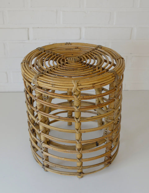 Vintage Bamboo Stool / Rattan Plant Stand / Mid Century Wicker Side Table / Small Coffee Table
