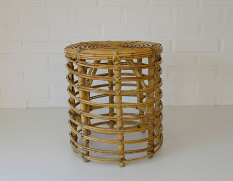 Vintage Bamboo Stool / Rattan Plant Stand / Mid Century Wicker Side Table / Small Coffee Table