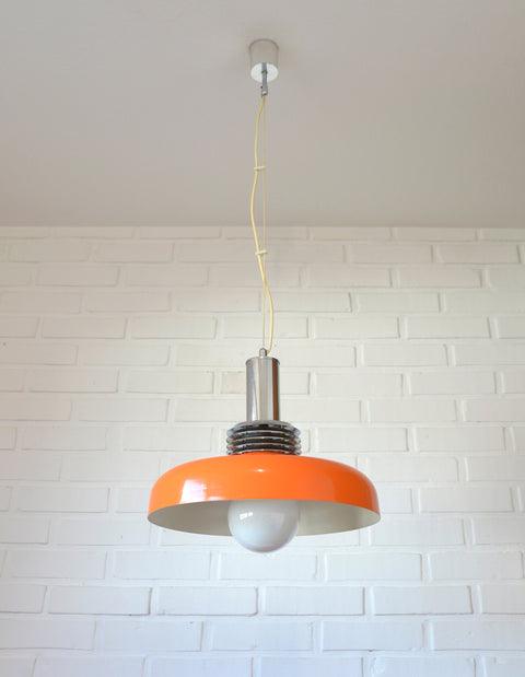Orange Mid Century Modern Pendant Lamp: Space Age Lighting, 1980s Retro Chandelier