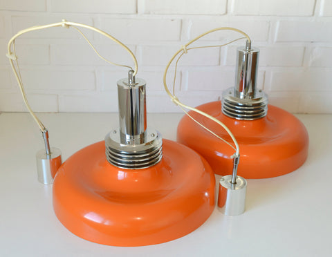 Orange Mid Century Modern Pendant Lamp: Space Age Lighting, 1980s Retro Chandelier