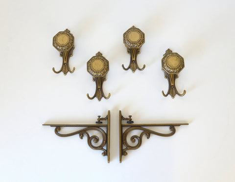 Vintage Cast Brass Wall Hook and Shelf Bracket Set - 1960s Italy