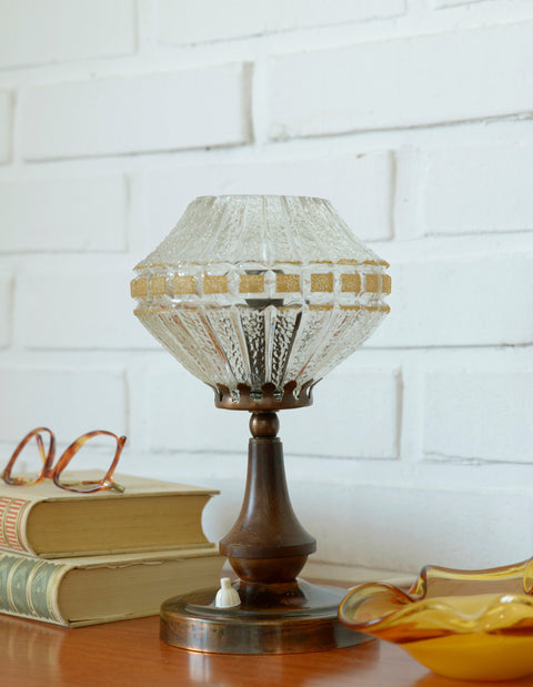 Vintage Crystal Glass Bedside Lamp: Wood & Copper Accent, 1970s Yugoslavia