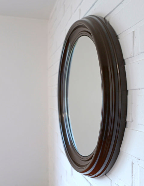 Vintage Round Wall Mirror: Large Brown Plastic Frame, Yugoslavia 1980s