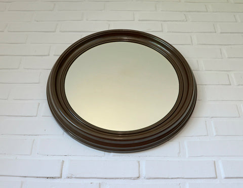 Vintage Round Wall Mirror: Large Brown Plastic Frame, Yugoslavia 1980s
