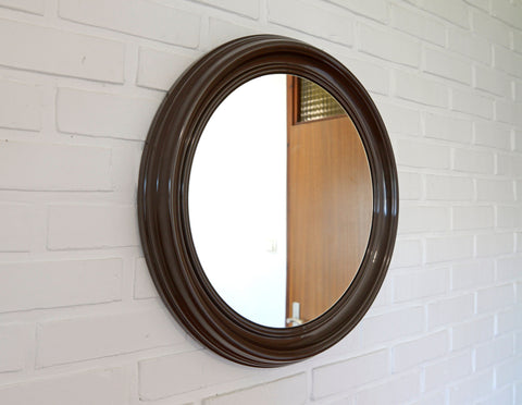 Vintage Round Wall Mirror: Large Brown Plastic Frame, Yugoslavia 1980s