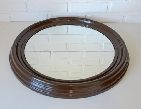 Vintage Round Wall Mirror: Large Brown Plastic Frame, Yugoslavia 1980s