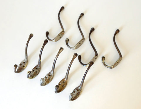 Vintage Metal Wall Hooks: Mid Century Rustic Coat Rack, Set of 9