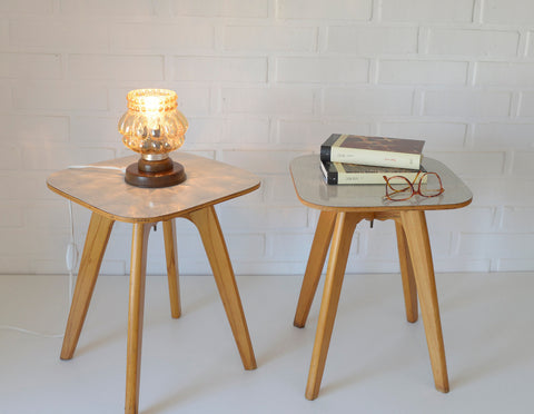 Vintage Mid-Century Modern Stools: Beech Wood Plant Stands, Set of 2