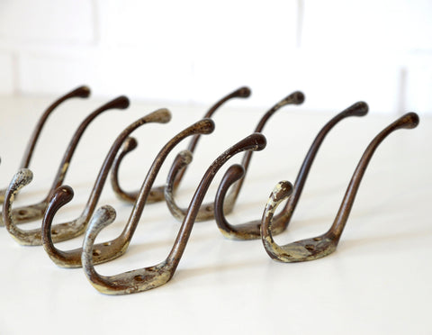 Vintage Metal Wall Hooks: Mid Century Rustic Coat Rack, Set of 9