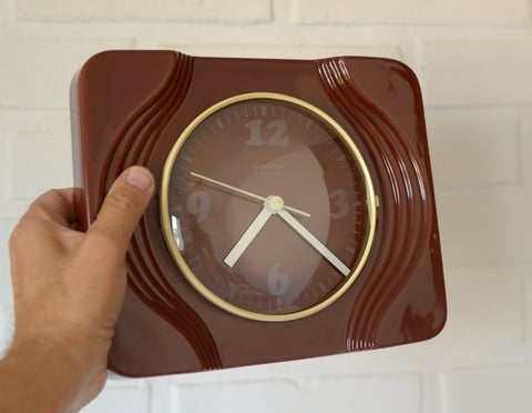 Vintage Brown Ceramic Wall Clock: Mid Century Retro Decor