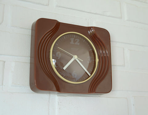Vintage Brown Ceramic Wall Clock: Mid Century Retro Decor