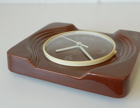 Vintage Brown Ceramic Wall Clock: Mid Century Retro Decor