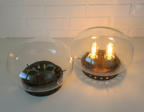 Set of 2 Vintage Space Age Sconces: Copper Industrial Flush Mount Lights
