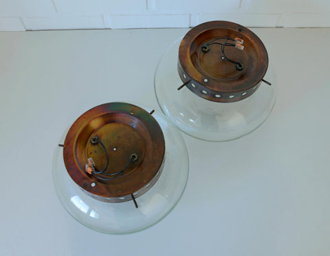 Set of 2 Vintage Space Age Sconces: Copper Industrial Flush Mount Lights