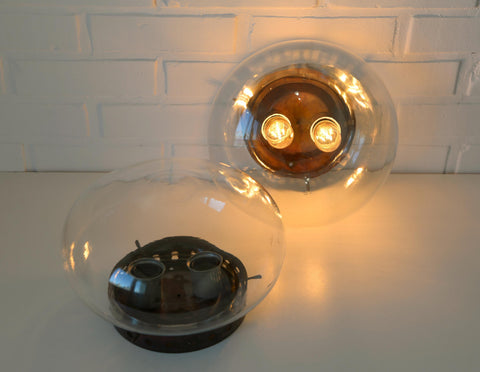 Set of 2 Vintage Space Age Sconces: Copper Industrial Flush Mount Lights