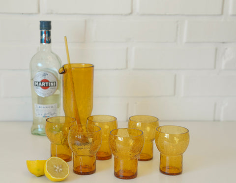 Vintage Amber Crackle Glass Shot Glass Set: Mid Century Modern Barware