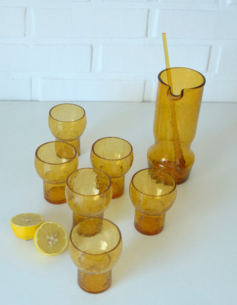 Vintage Amber Crackle Glass Shot Glass Set: Mid Century Modern Barware