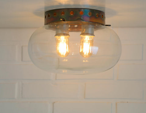 Set of 2 Vintage Space Age Sconces: Copper Industrial Flush Mount Lights
