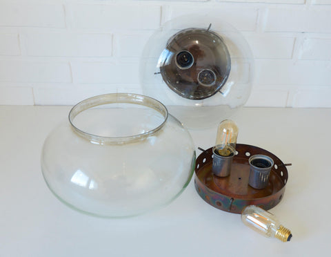 Set of 2 Vintage Space Age Sconces: Copper Industrial Flush Mount Lights