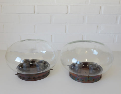 Set of 2 Vintage Space Age Sconces: Copper Industrial Flush Mount Lights