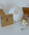 Vintage Wood Bedside Lamps, Handmade Glass Globe Desk Lamps, Yugoslavia 1960s (Pair)