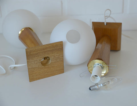 Vintage Wood Bedside Lamps, Handmade Glass Globe Desk Lamps, Yugoslavia 1960s (Pair)