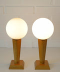 Vintage Wood Bedside Lamps, Handmade Glass Globe Desk Lamps, Yugoslavia 1960s (Pair)