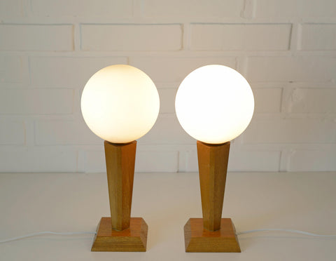 Vintage Wood Bedside Lamps, Handmade Glass Globe Desk Lamps, Yugoslavia 1960s (Pair)