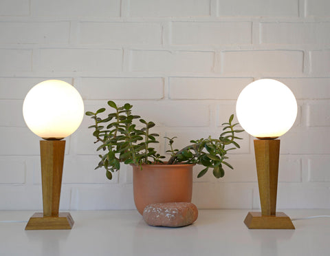 Vintage Wood Bedside Lamps, Handmade Glass Globe Desk Lamps, Yugoslavia 1960s (Pair)