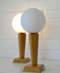 Vintage Wood Bedside Lamps, Handmade Glass Globe Desk Lamps, Yugoslavia 1960s (Pair)